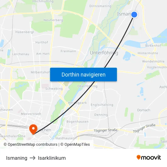 Ismaning to Isarklinikum map