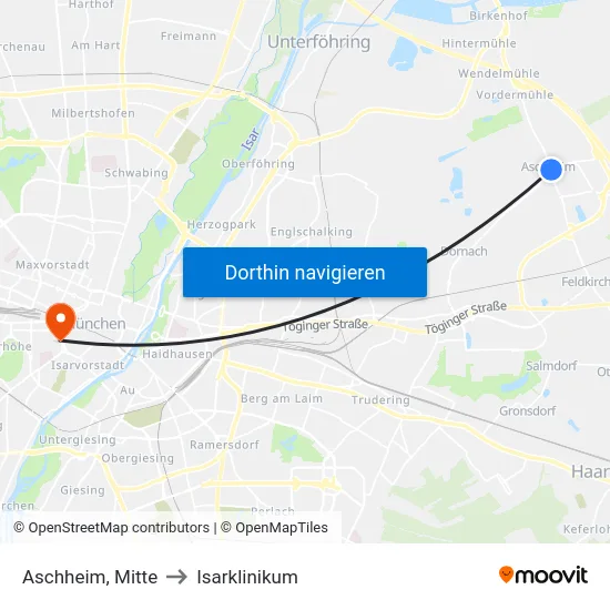 Aschheim, Mitte to Isarklinikum map