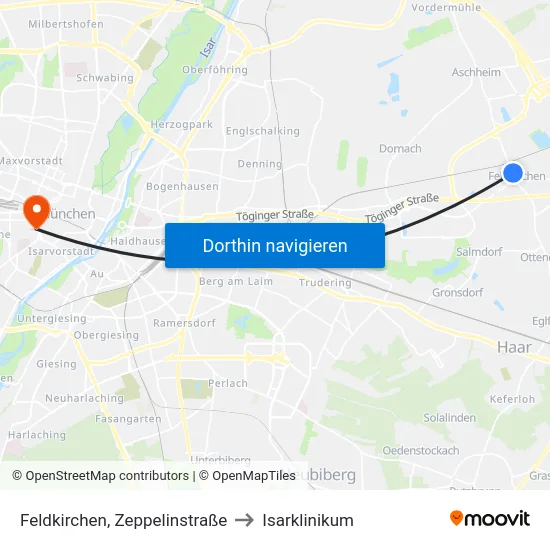 Feldkirchen, Zeppelinstraße to Isarklinikum map