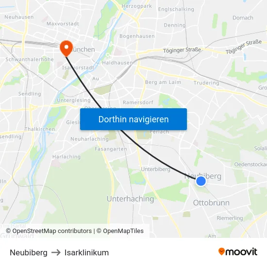 Neubiberg to Isarklinikum map