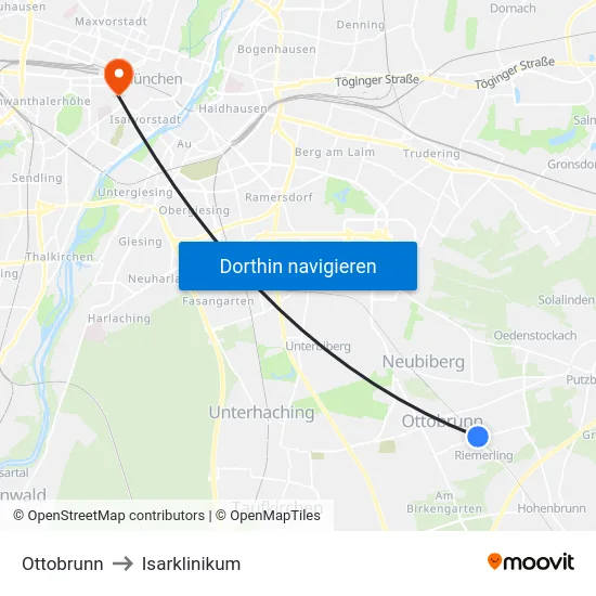 Ottobrunn to Isarklinikum map