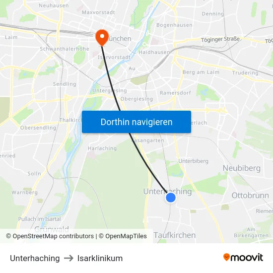 Unterhaching to Isarklinikum map