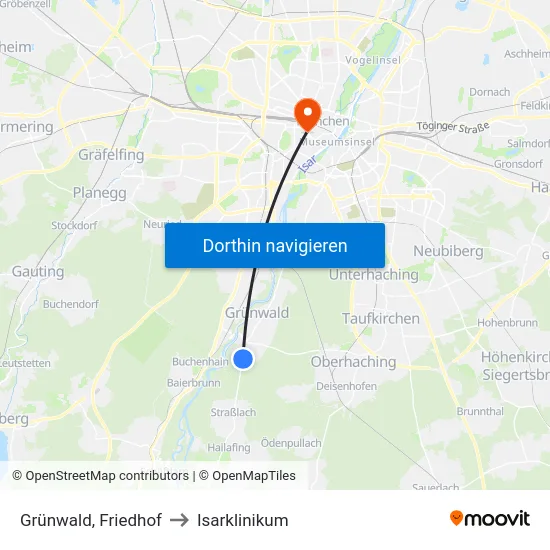 Grünwald, Friedhof to Isarklinikum map