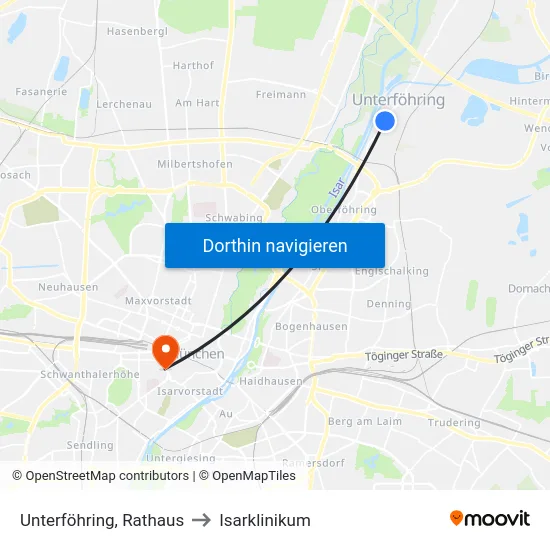 Unterföhring, Rathaus to Isarklinikum map