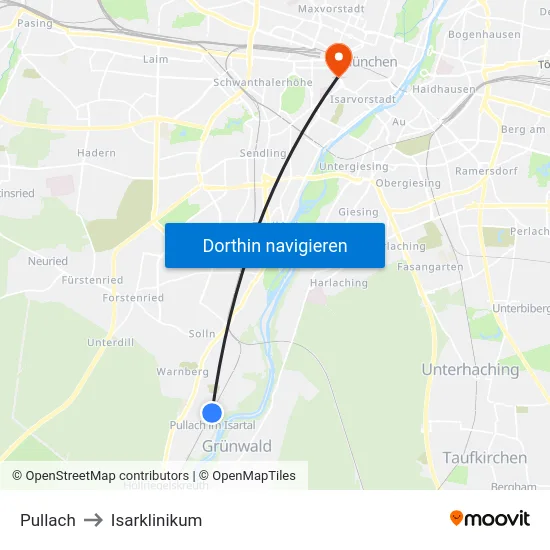Pullach to Isarklinikum map
