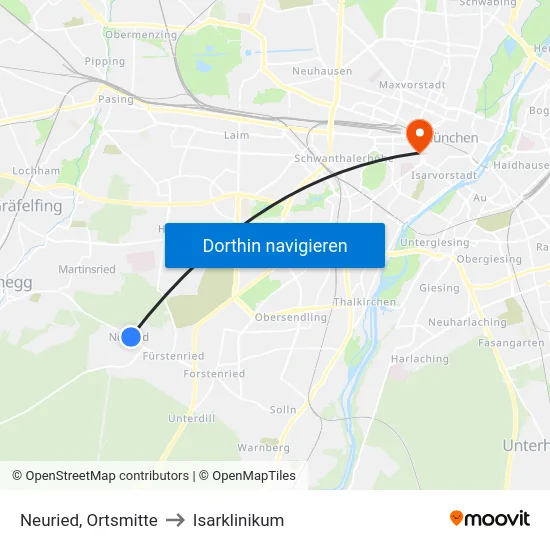 Neuried, Ortsmitte to Isarklinikum map