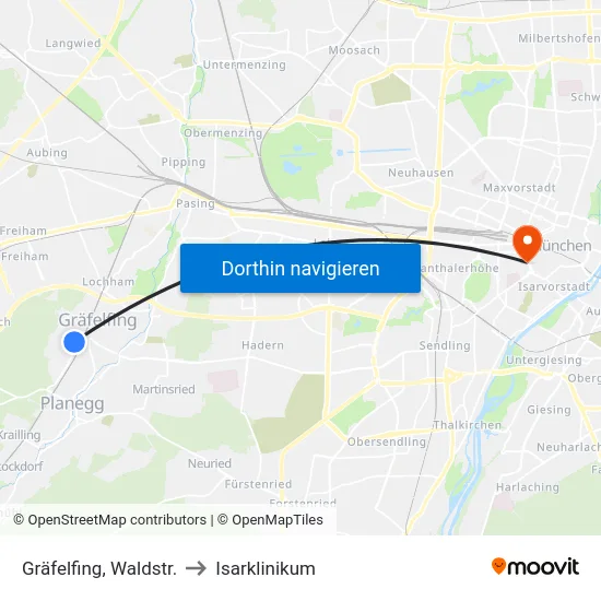Gräfelfing, Waldstr. to Isarklinikum map