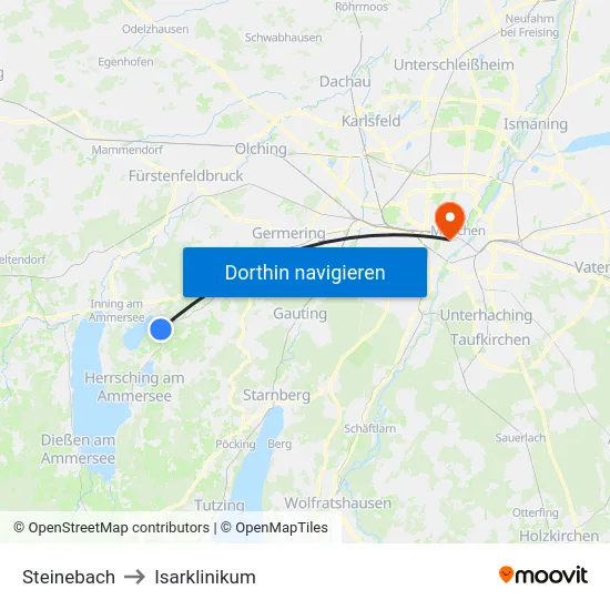 Steinebach to Isarklinikum map