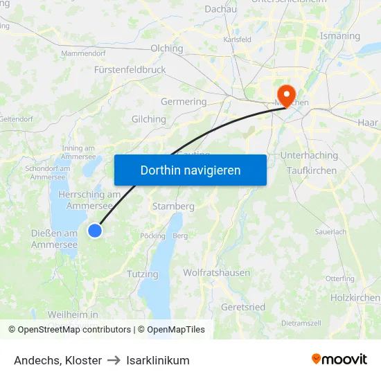 Andechs, Kloster to Isarklinikum map