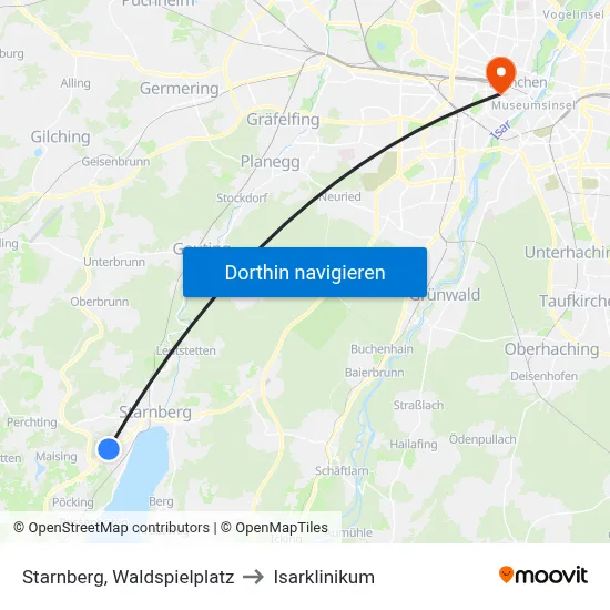 Starnberg, Waldspielplatz to Isarklinikum map