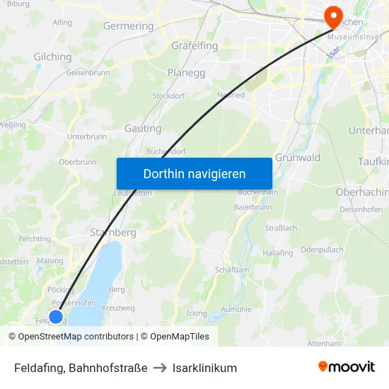 Feldafing, Bahnhofstraße to Isarklinikum map