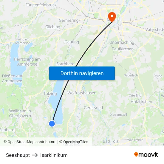 Seeshaupt to Isarklinikum map