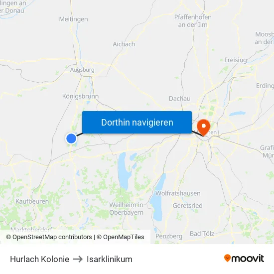 Hurlach Kolonie to Isarklinikum map
