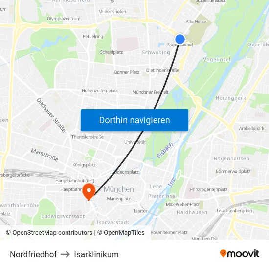 Nordfriedhof to Isarklinikum map