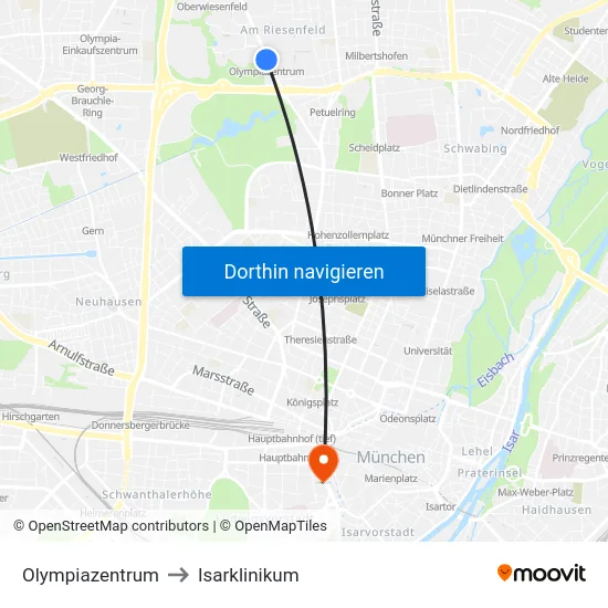 Olympiazentrum to Isarklinikum map