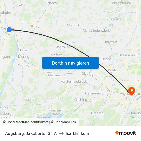 Augsburg, Jakobertor 31 A to Isarklinikum map