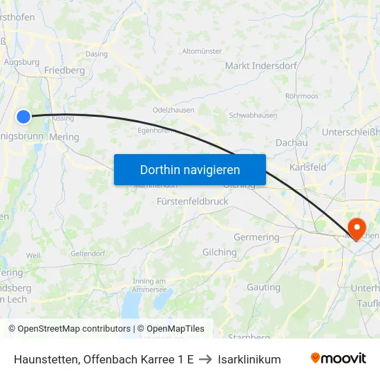 Haunstetten, Offenbach Karree 1 E to Isarklinikum map
