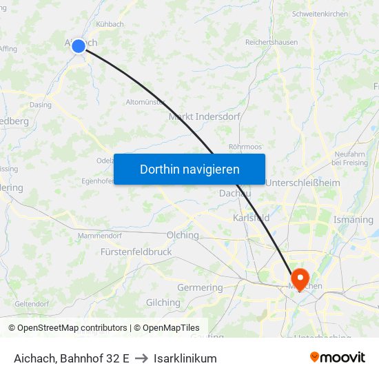 Aichach, Bahnhof 32 E to Isarklinikum map