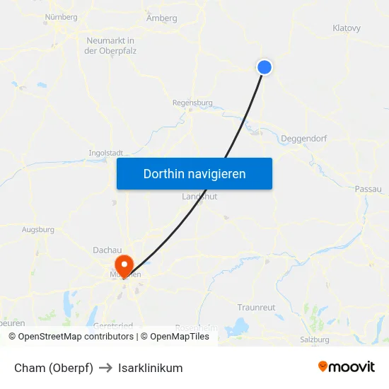 Cham (Oberpf) to Isarklinikum map