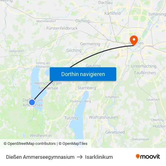 Dießen Ammerseegymnasium to Isarklinikum map