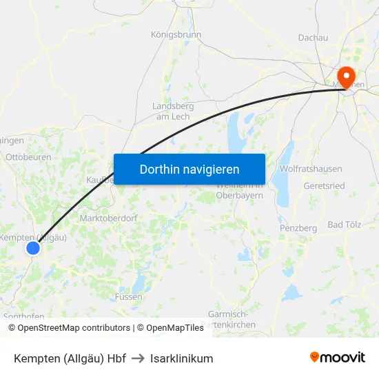 Kempten (Allgäu) Hbf to Isarklinikum map