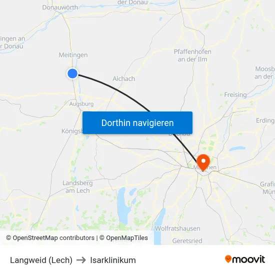 Langweid (Lech) to Isarklinikum map