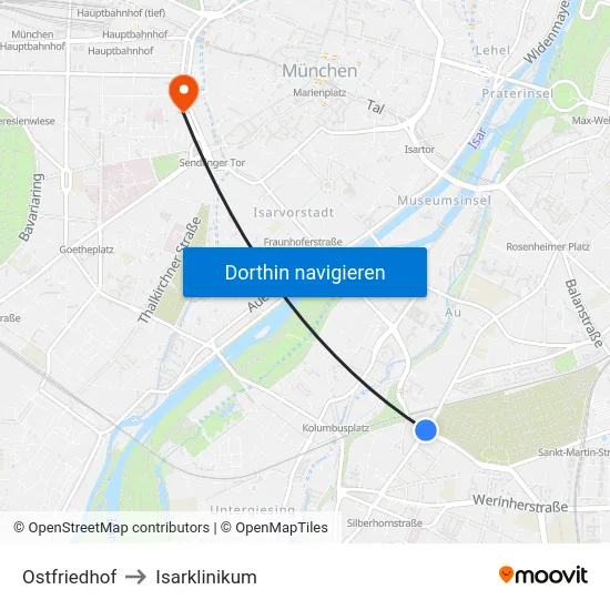 Ostfriedhof to Isarklinikum map