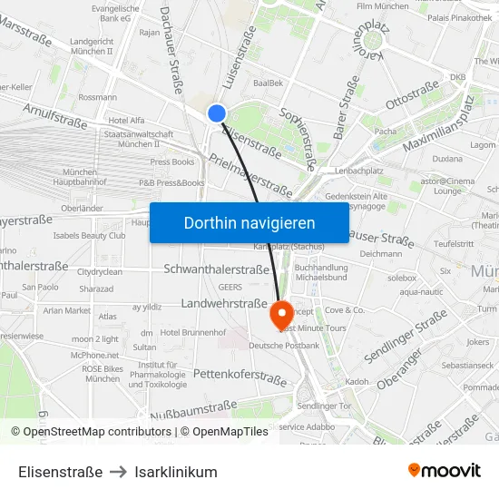 Elisenstraße to Isarklinikum map