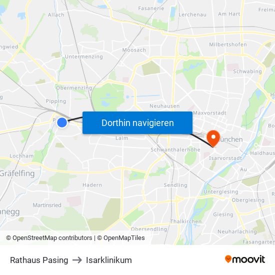 Rathaus Pasing to Isarklinikum map