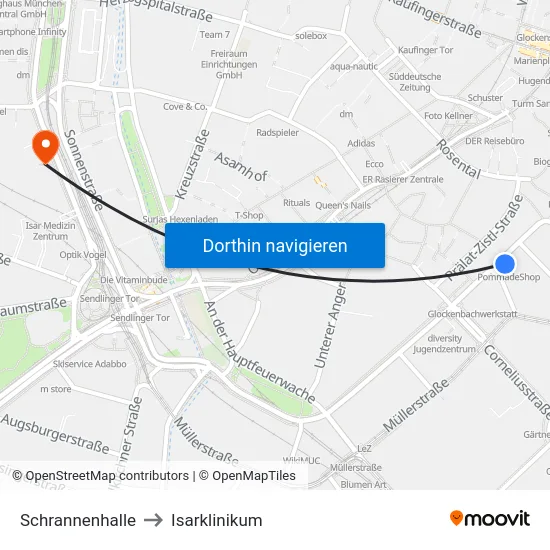 Schrannenhalle to Isarklinikum map