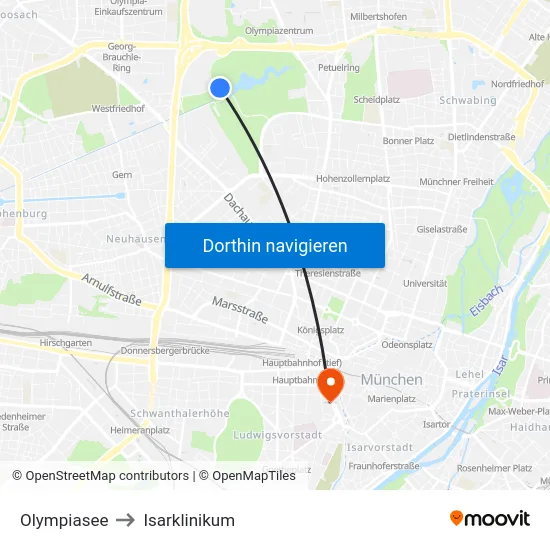Olympiasee to Isarklinikum map