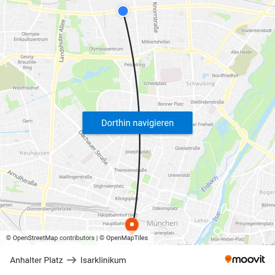 Anhalter Platz to Isarklinikum map