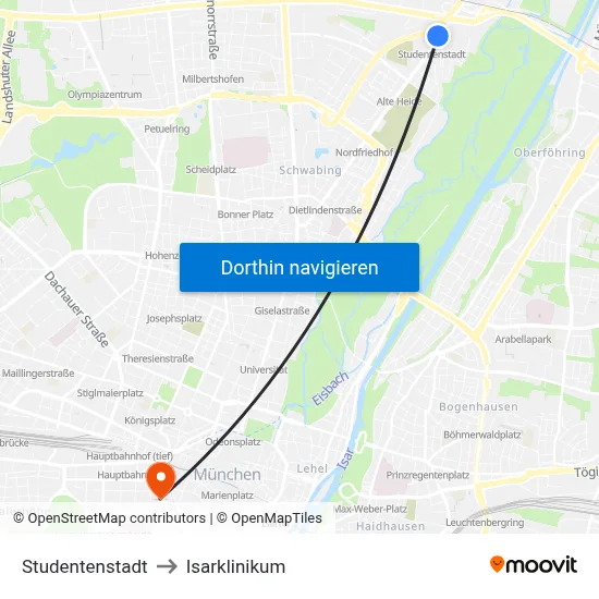 Studentenstadt to Isarklinikum map