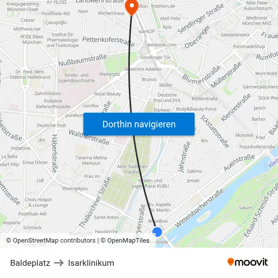 Baldeplatz to Isarklinikum map
