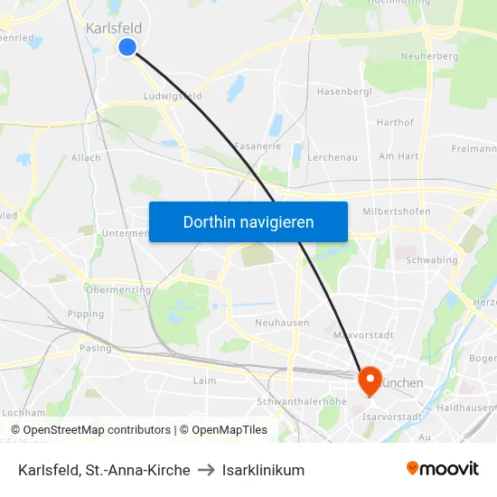 Karlsfeld, St.-Anna-Kirche to Isarklinikum map