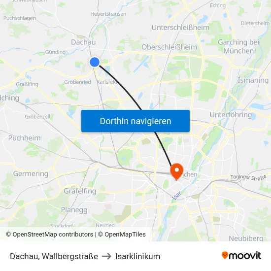 Dachau, Wallbergstraße to Isarklinikum map