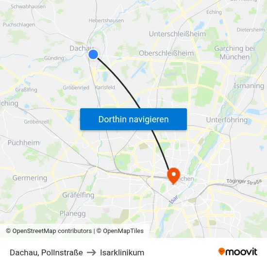 Dachau, Pollnstraße to Isarklinikum map