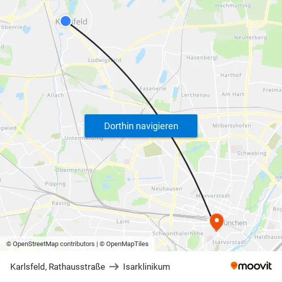 Karlsfeld, Rathausstraße to Isarklinikum map