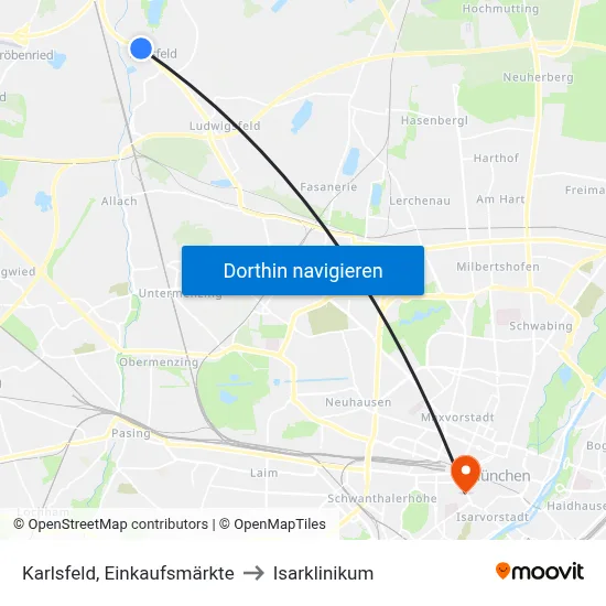 Karlsfeld, Einkaufsmärkte to Isarklinikum map