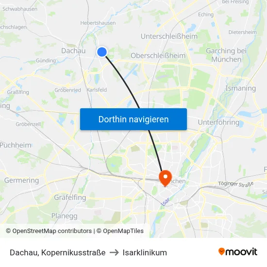 Dachau, Kopernikusstraße to Isarklinikum map