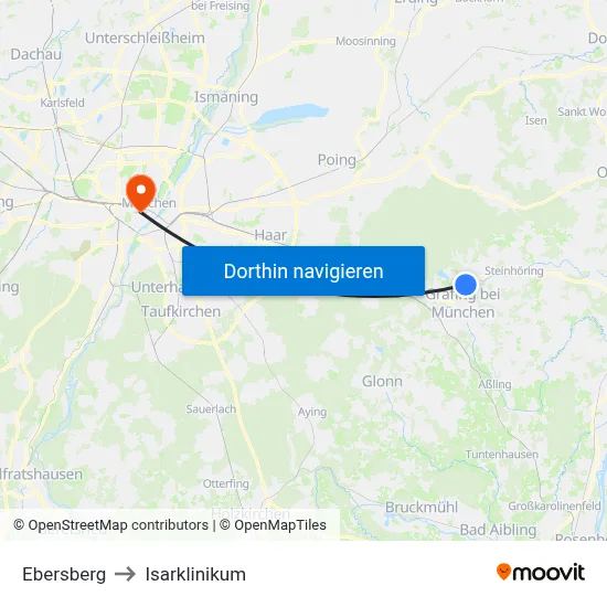 Ebersberg to Isarklinikum map