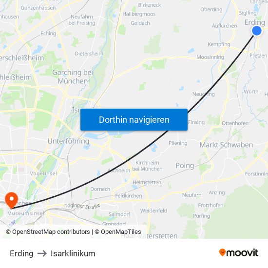 Erding to Isarklinikum map