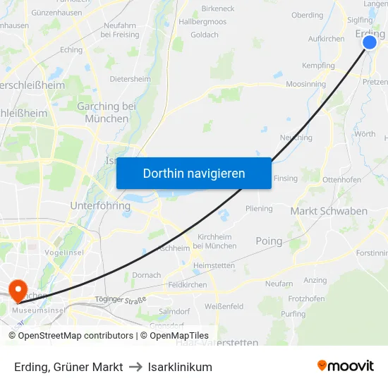 Erding, Grüner Markt to Isarklinikum map