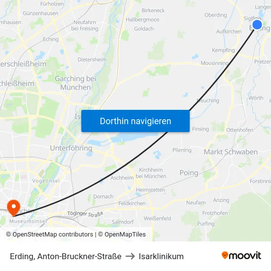Erding, Anton-Bruckner-Straße to Isarklinikum map