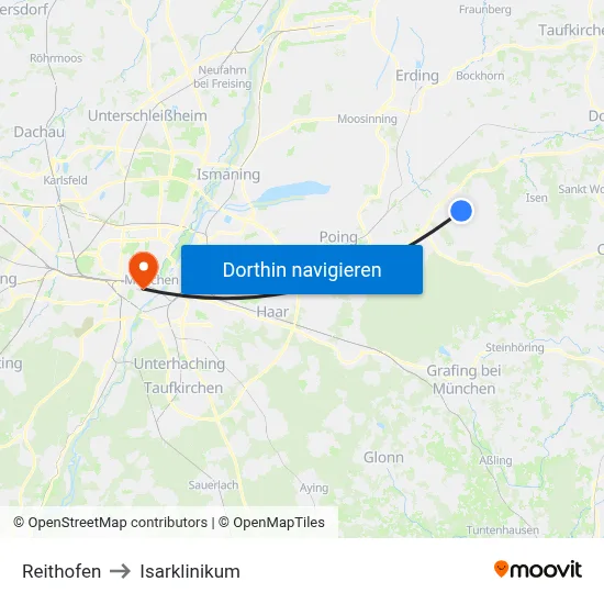 Reithofen to Isarklinikum map