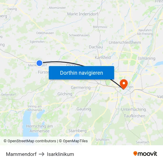 Mammendorf to Isarklinikum map