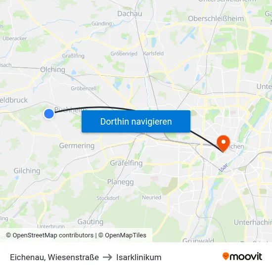Eichenau, Wiesenstraße to Isarklinikum map