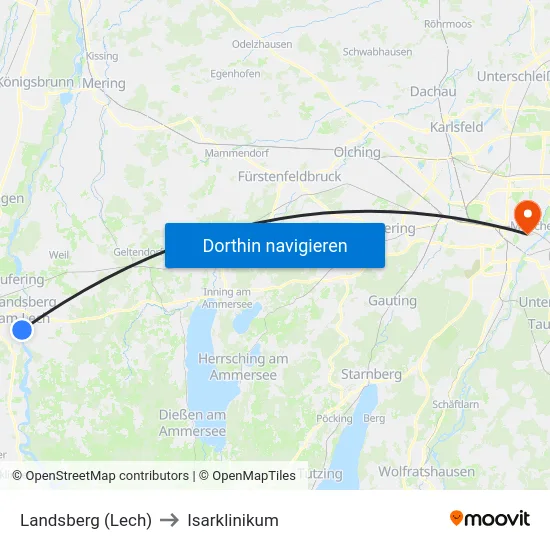 Landsberg (Lech) to Isarklinikum map