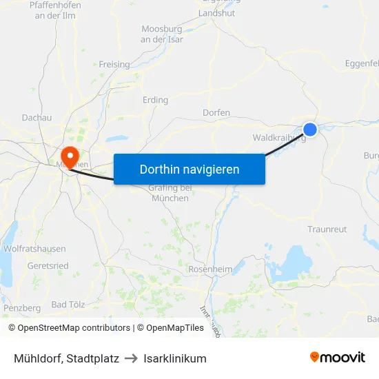 Mühldorf, Stadtplatz to Isarklinikum map