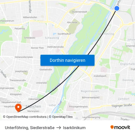 Unterföhring, Siedlerstraße to Isarklinikum map